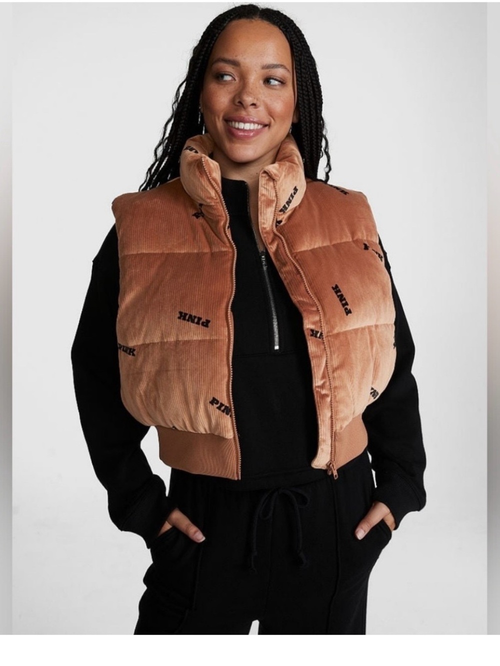Victoria's Secret Cropped Corduroy Puffer Vest in Rusty Orange